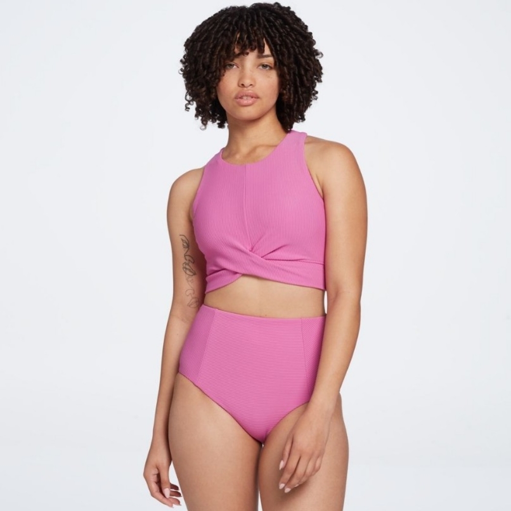 Calia Rib Geranium Purple High Rise Bottom and Cross Over Top Bikini Swimsuit